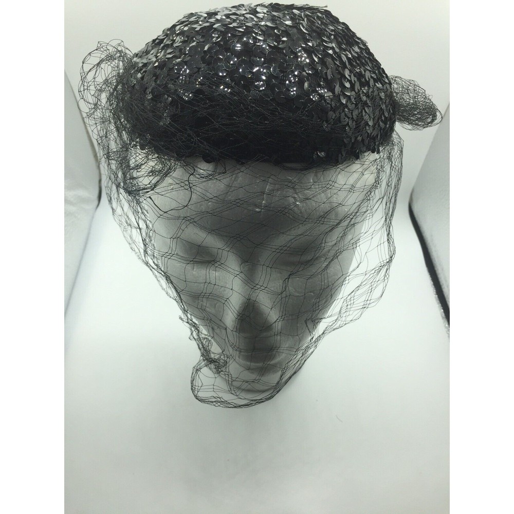 Vintage 1960's Black Sequin Hat Netting size Small